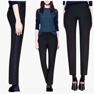 TORY BURCH Tobie Black Trousers Straight Leg Pants Blue Wool Tweed Side Stripe